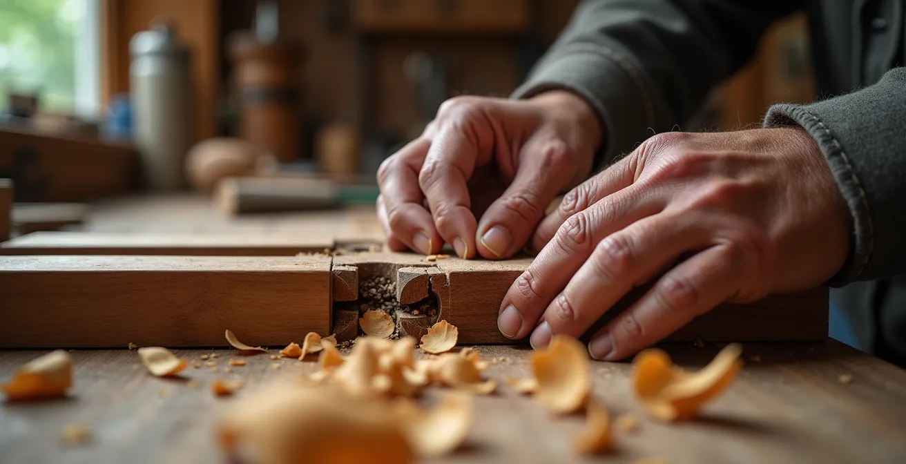 Close-up of artisan hands working on custom wood joinery details