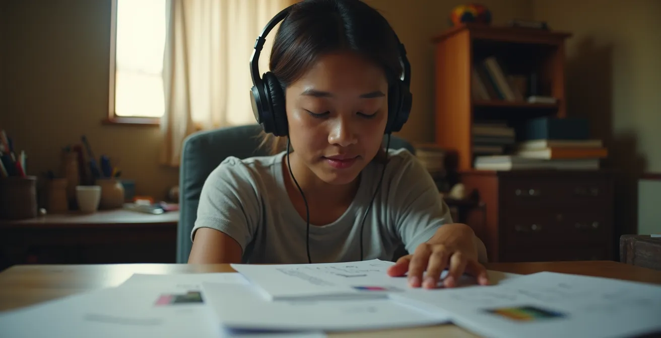 A professional in a rural setting using audio-based learning with headphones, focusing intently with downloadable notes on a table.