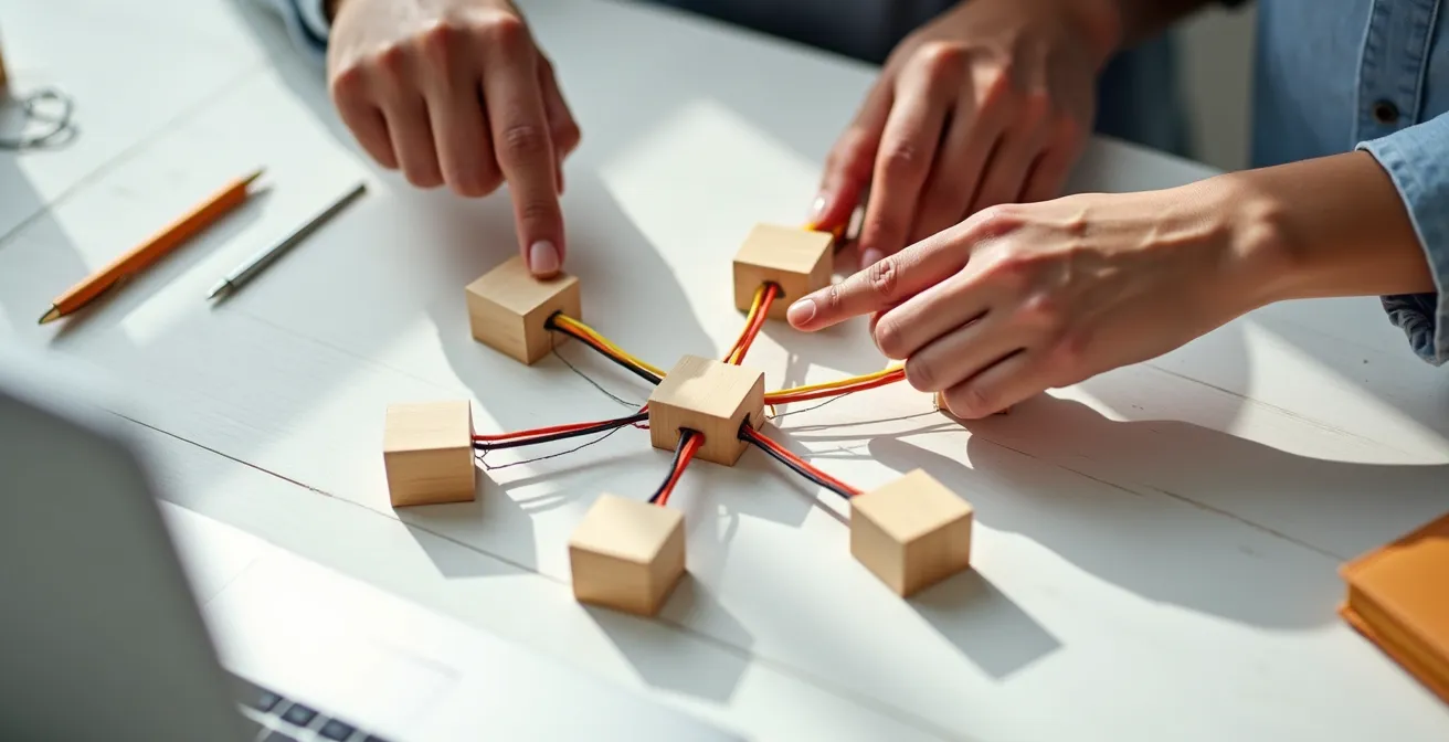 Human hands organizing data flow connections on a clean workspace