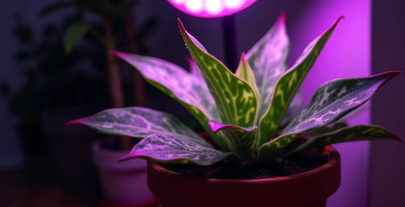 Close-up of a thriving snake plant under a full-spectrum LED grow light in a bedroom corner.