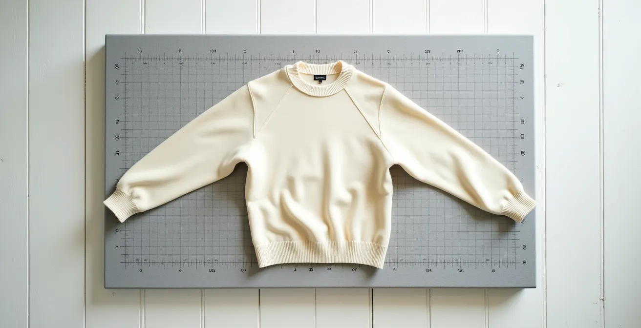 Wide shot of a cream cashmere sweater laid flat on professional blocking mats with measuring grid