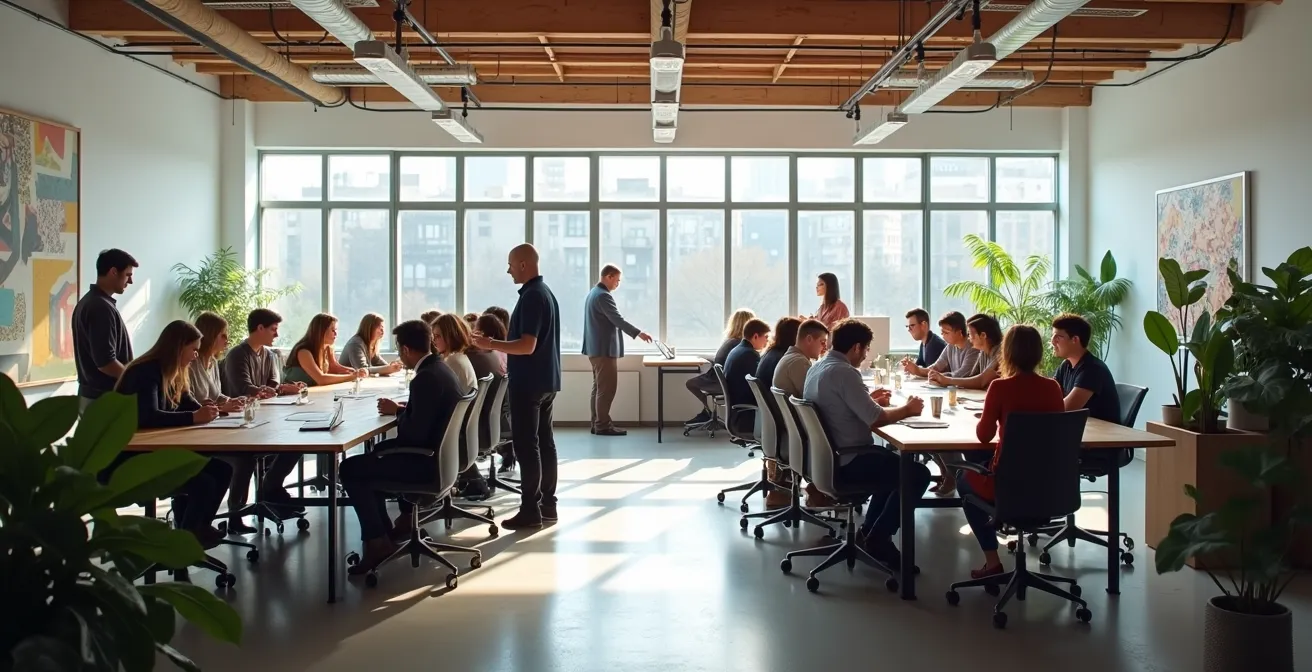Cross-departmental teams collaborating on carbon reduction innovation challenge in open workspace