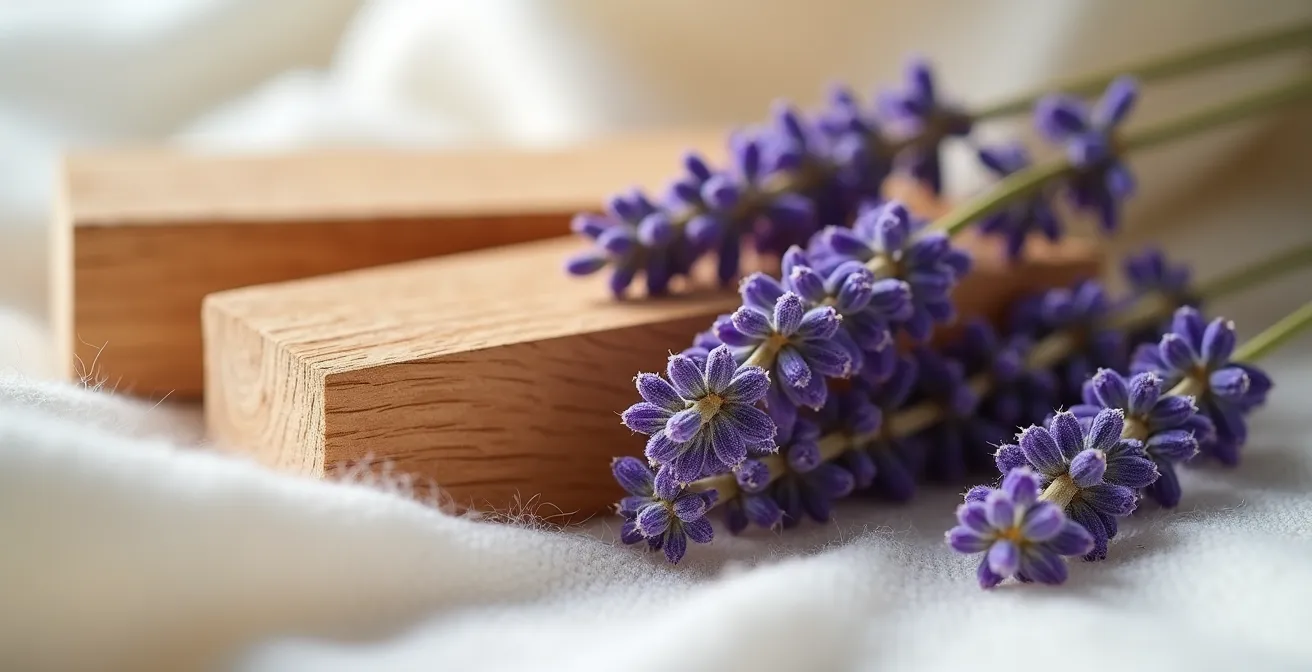 Macro photograph of cedar wood blocks and dried lavender sprigs arranged on white cashmere fabric