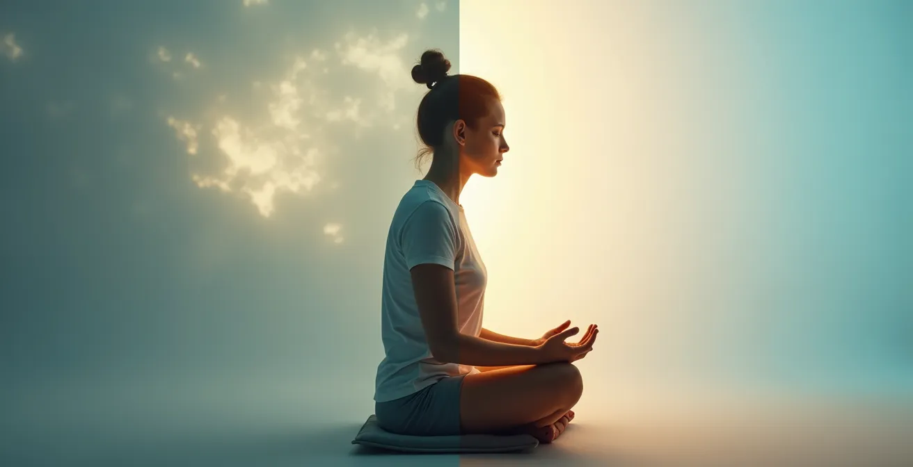Split composition showing unfocused daydreaming versus alert mindful state