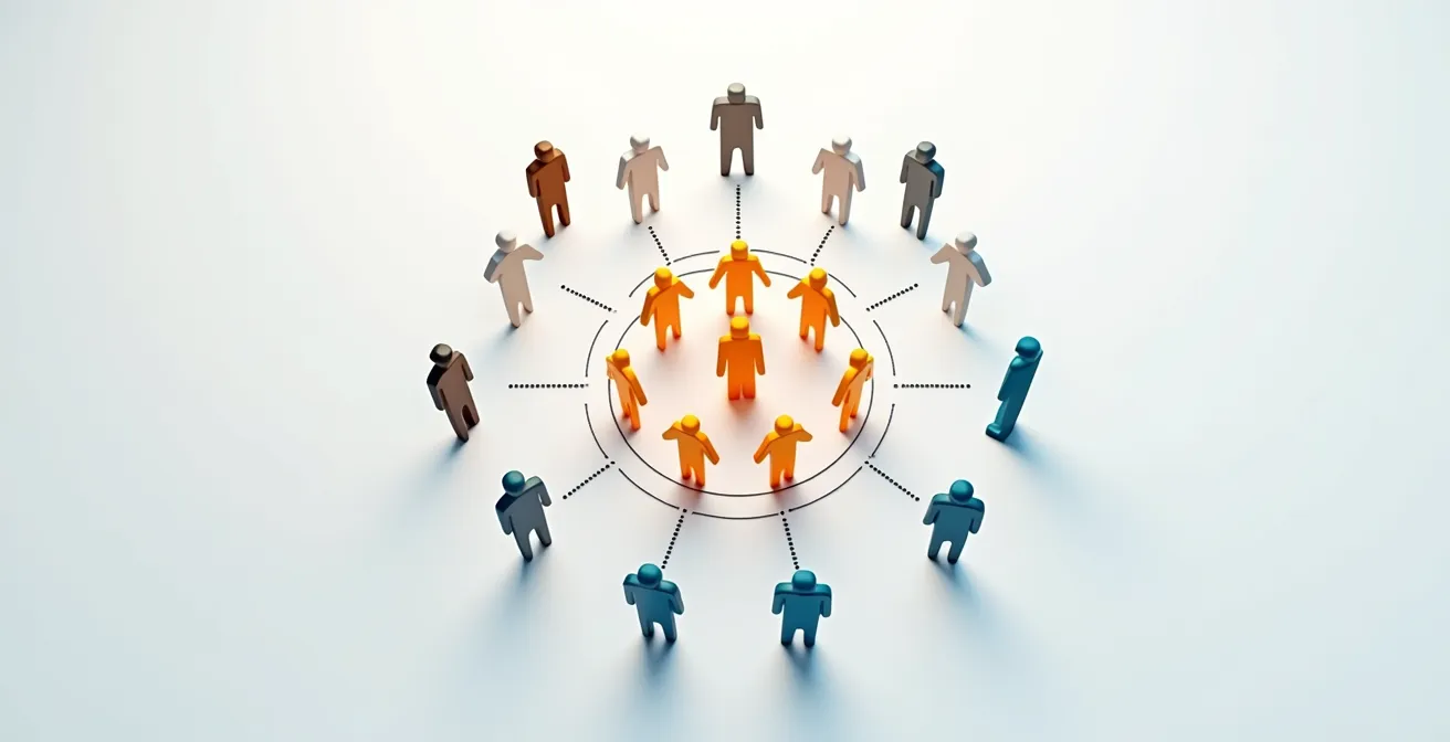 Visual representation of core versus flexible workforce structure, showing a solid inner circle of employees and a dotted outer circle of contractors.