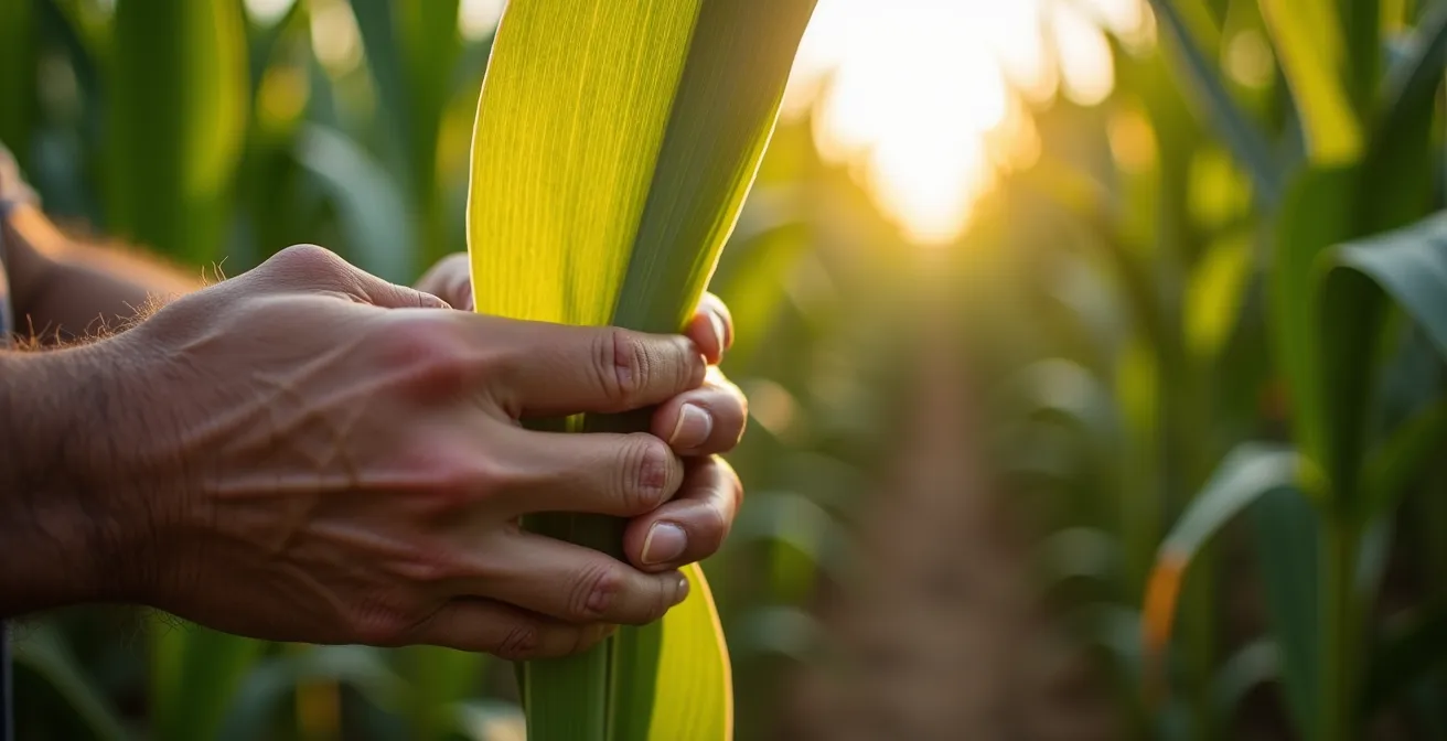 Close-up of corn leaf showing tissue sampling location and health indicators