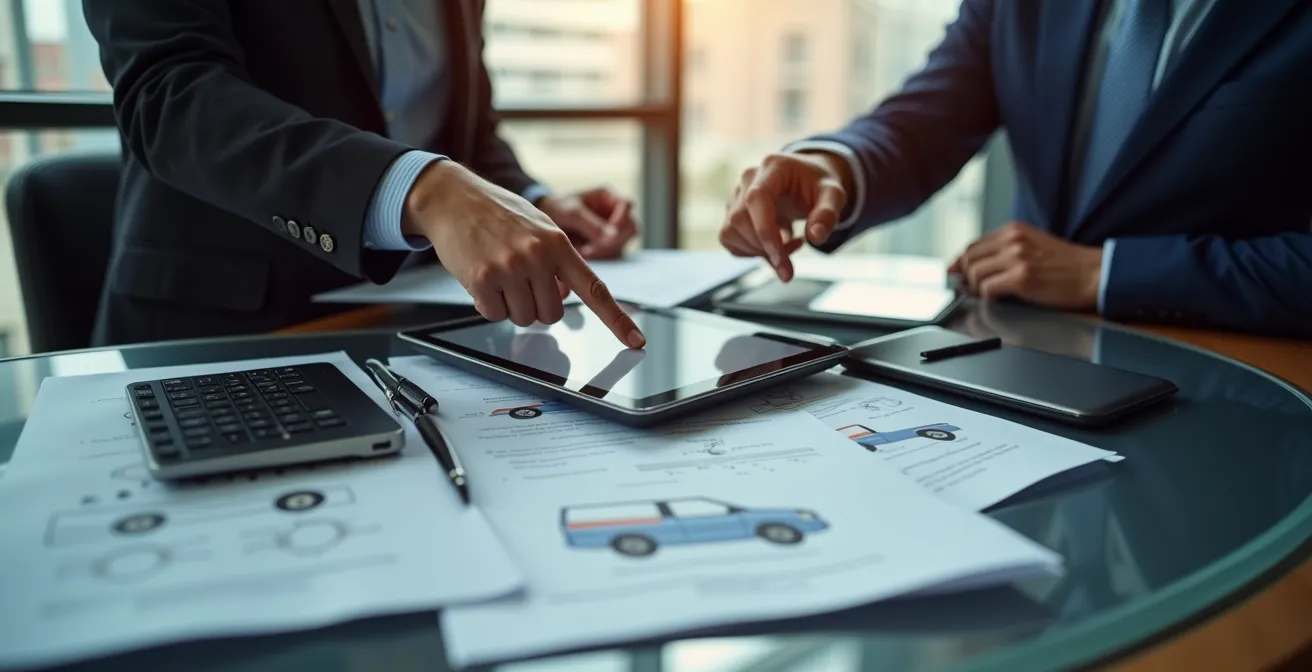 Professional training room with autonomous vehicle simulator and policy documentation on conference table