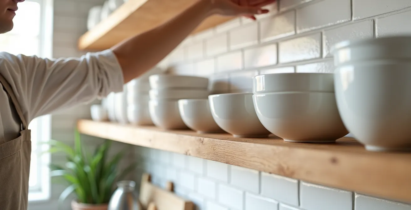 Minimalist open kitchen shelving with carefully curated white ceramics and glass containers