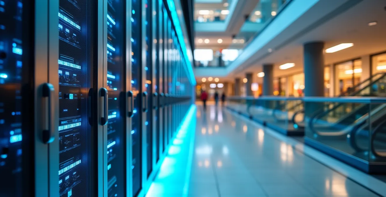 Split composition showing modern data center facility alongside renovated shopping center