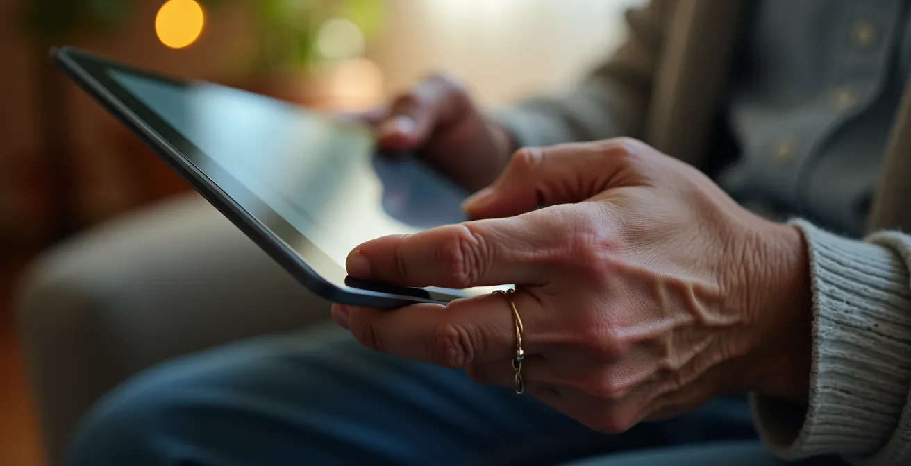 Close-up of elderly hands holding a tablet showing a blurred reflection, expressing confusion and discomfort