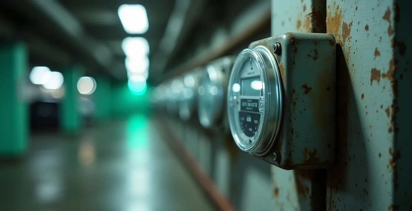 Close-up of electrical sub-meter installation in parking garage with wiring infrastructure