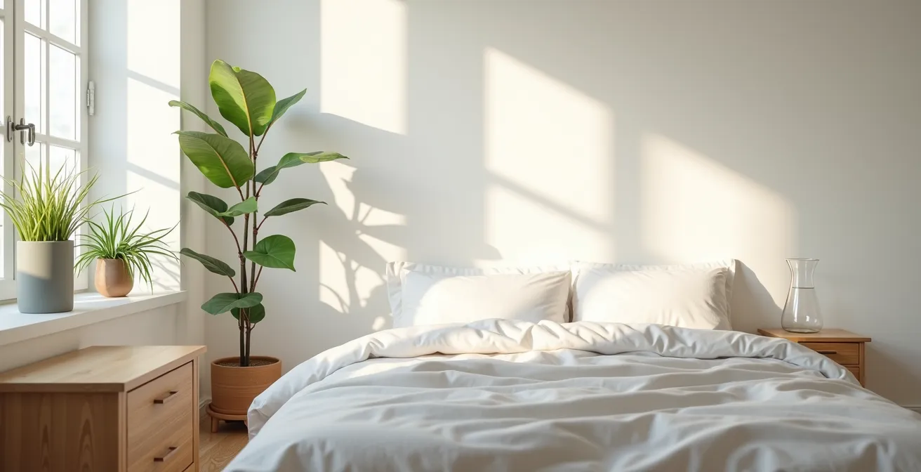 Serene minimalist bedroom space with natural materials and morning light