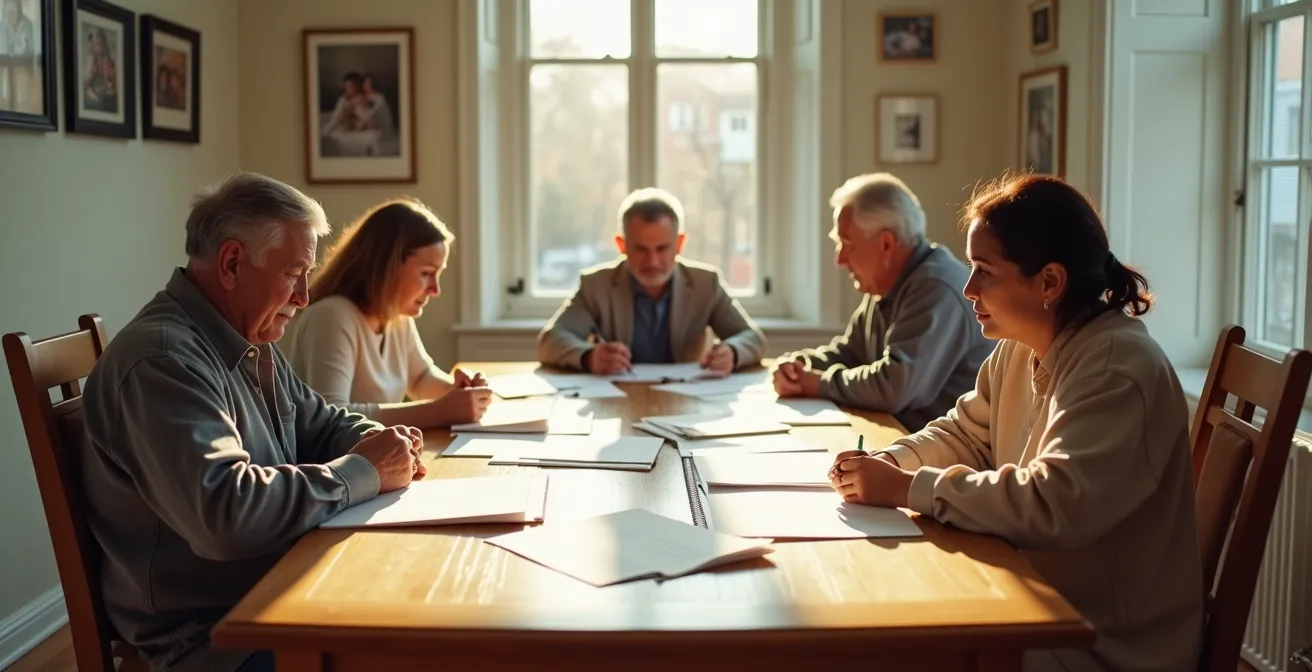 Family members seated around a dining table with papers and calendars spread out, engaged in serious discussion