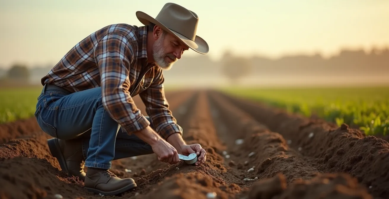 Farmer using penetrometer to test soil compaction in no-till field with morning dew