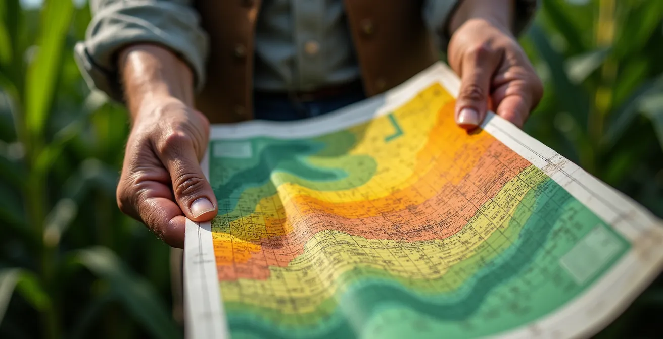 Aerial view of farm field showing distinct management zones with varying crop densities