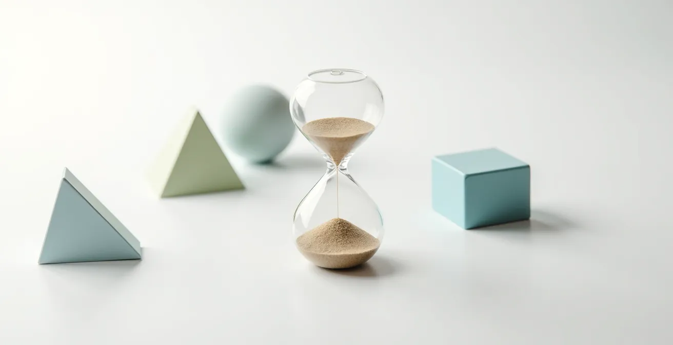 Visual representation of a 5-minute microlearning module design, showing abstract shapes for a hook, core concept, and action within an hourglass.