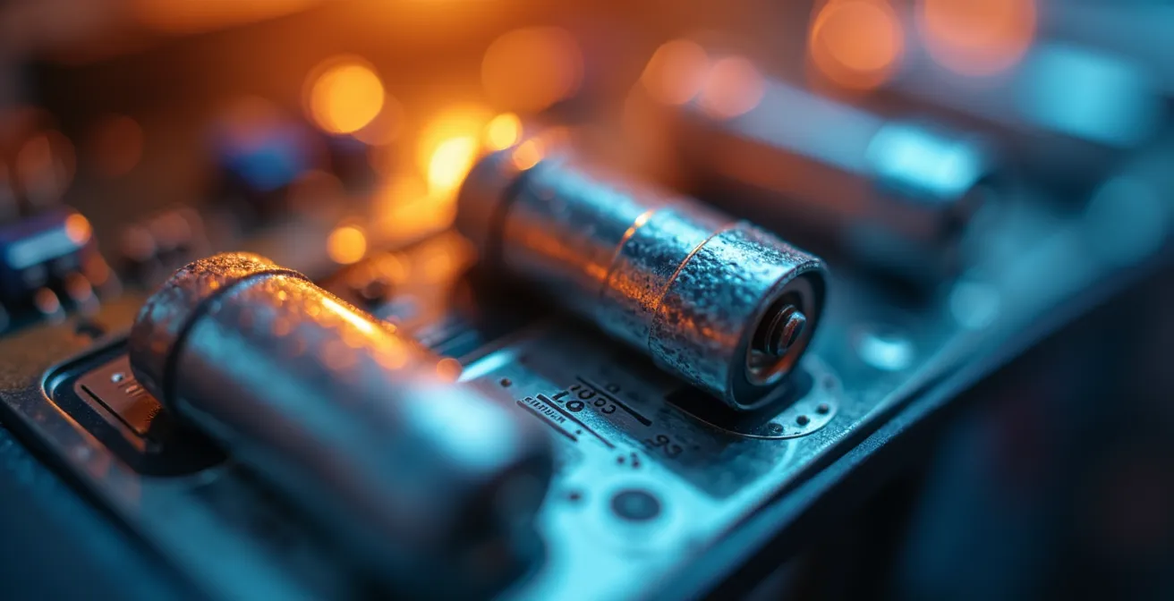 Extreme close-up of battery terminals with visible energy flow patterns