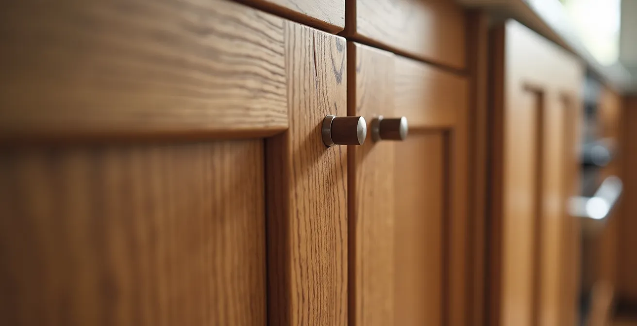 Close-up view of seamlessly integrated panel-ready dishwasher hidden within modern kitchen cabinetry