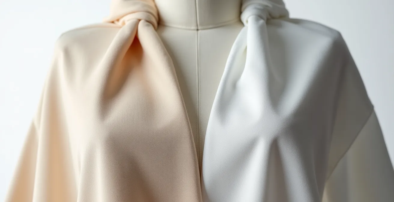 Visual comparison of structured ponte fabric versus clingy single-knit jersey on apple body shape