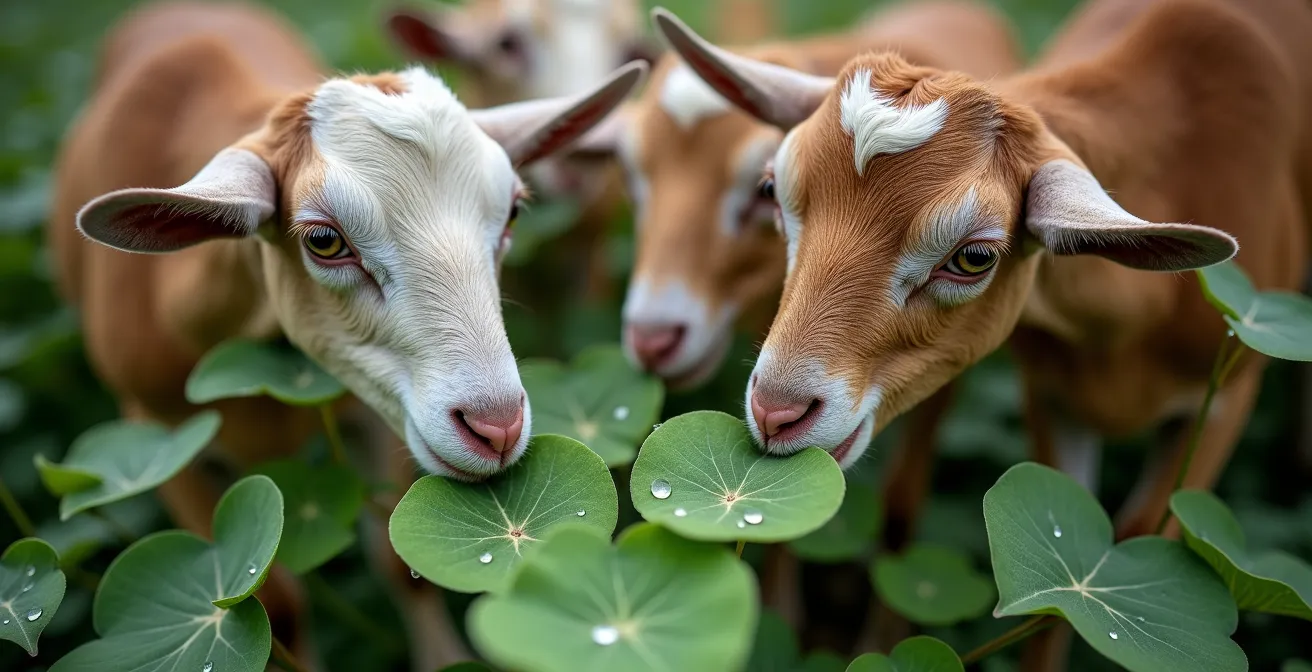 Close-up macro shot of goats grazing on kudzu vines with intricate leaf texture details visible