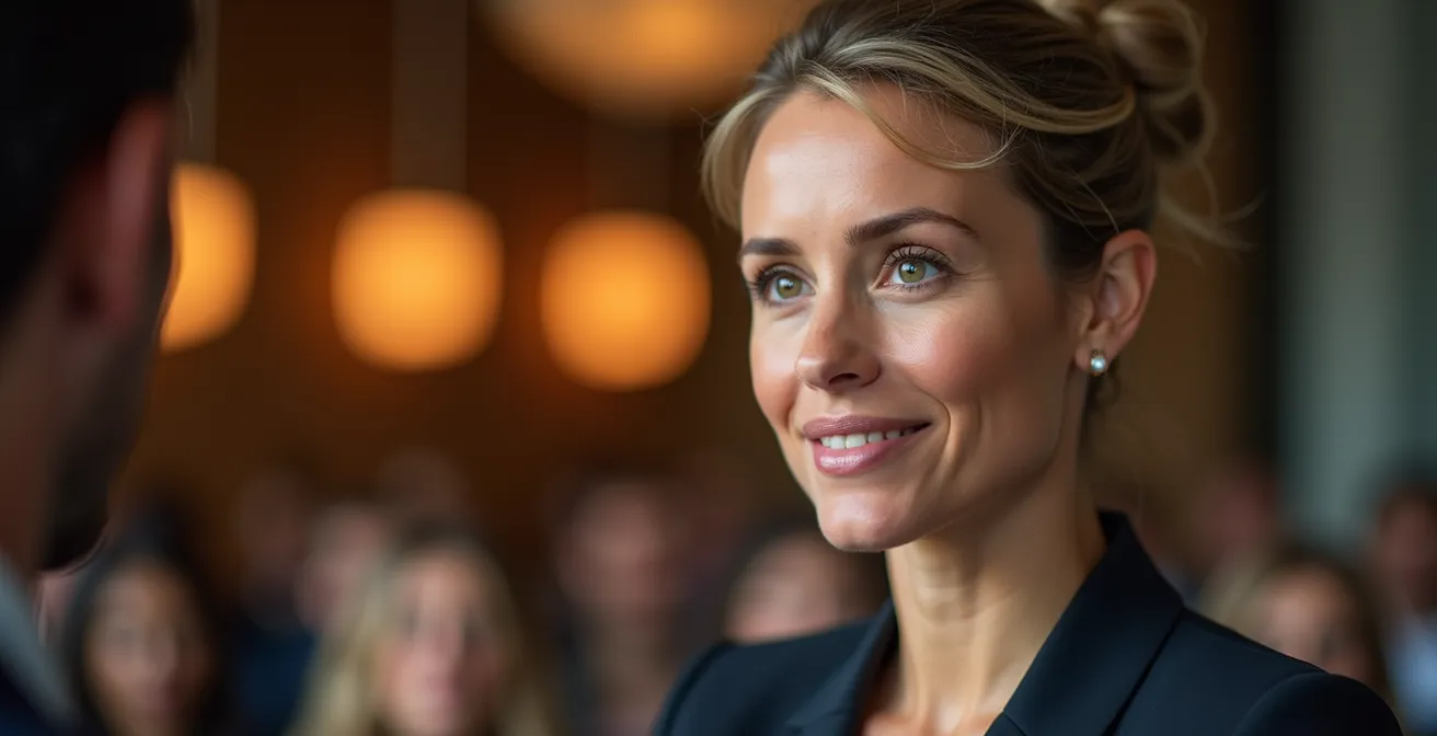 Professional speaker demonstrating strategic eye contact patterns with audience