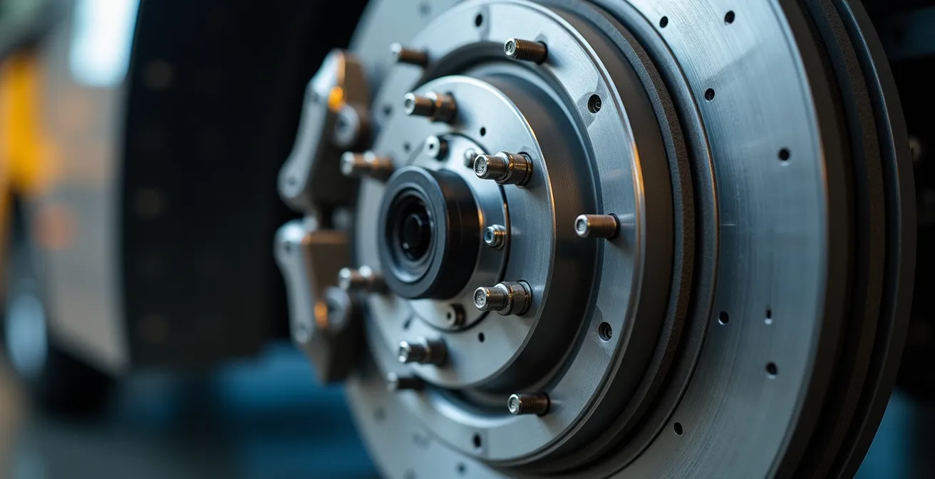 Extreme close-up of advanced brake system components with integrated sensors