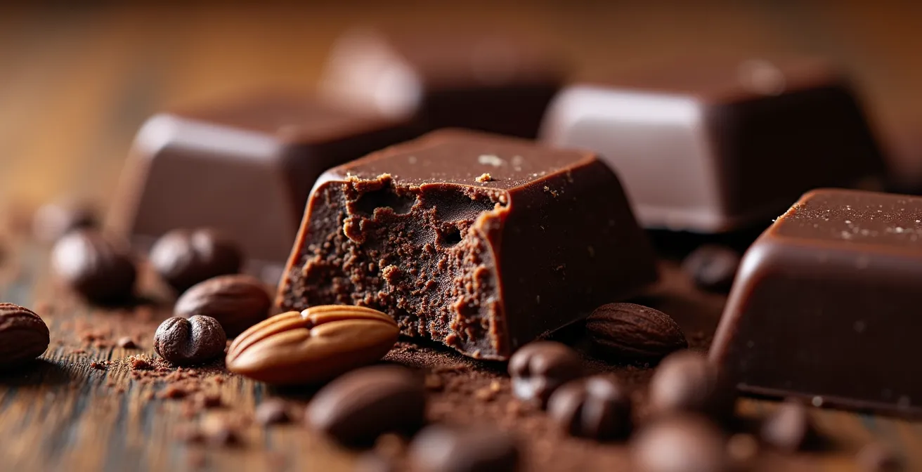 Extreme close-up of dark chocolate squares with visible texture and cocoa details