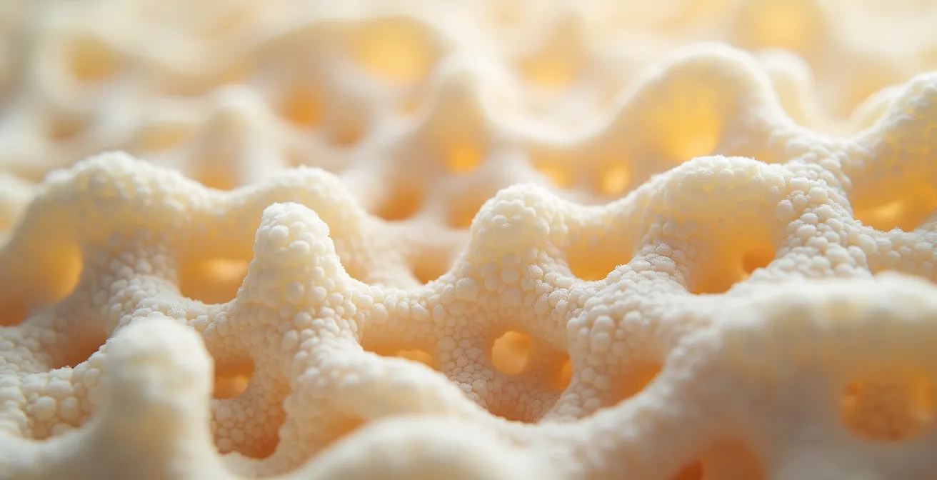 Extreme close-up of mushroom-based packaging material showing fibrous texture