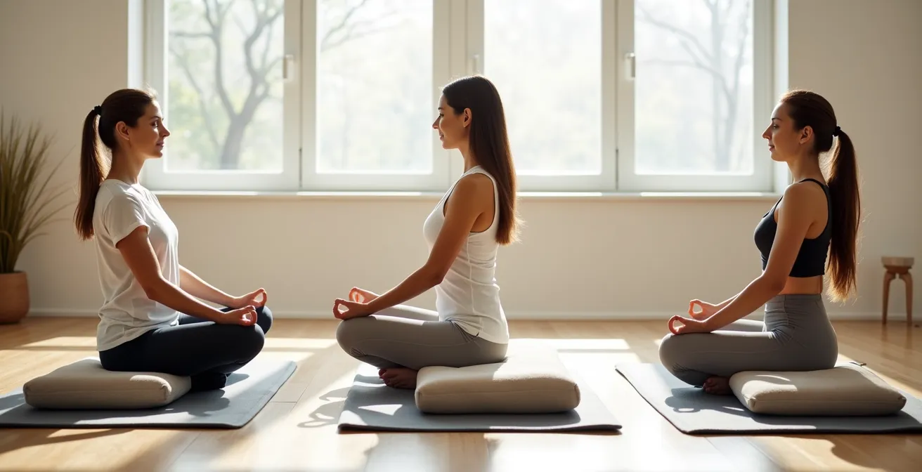Three different comfortable meditation postures are shown: sitting on a cushion, kneeling on a bench, and sitting in a chair with support.