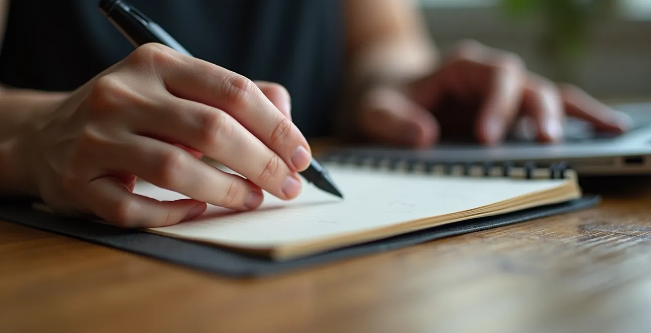 Peaceful workspace showing a transition between tasks, with hands resting on a closed notebook.