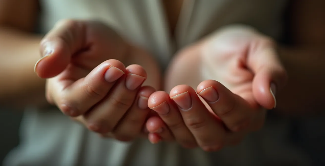 A close-up of a professional's hands in a meditative position at their desk, practicing a mindfulness technique to reset attention.