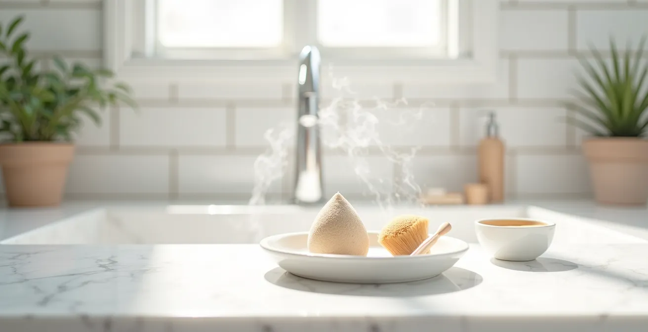 Clean modern bathroom counter with minimal makeup tools in soft morning light