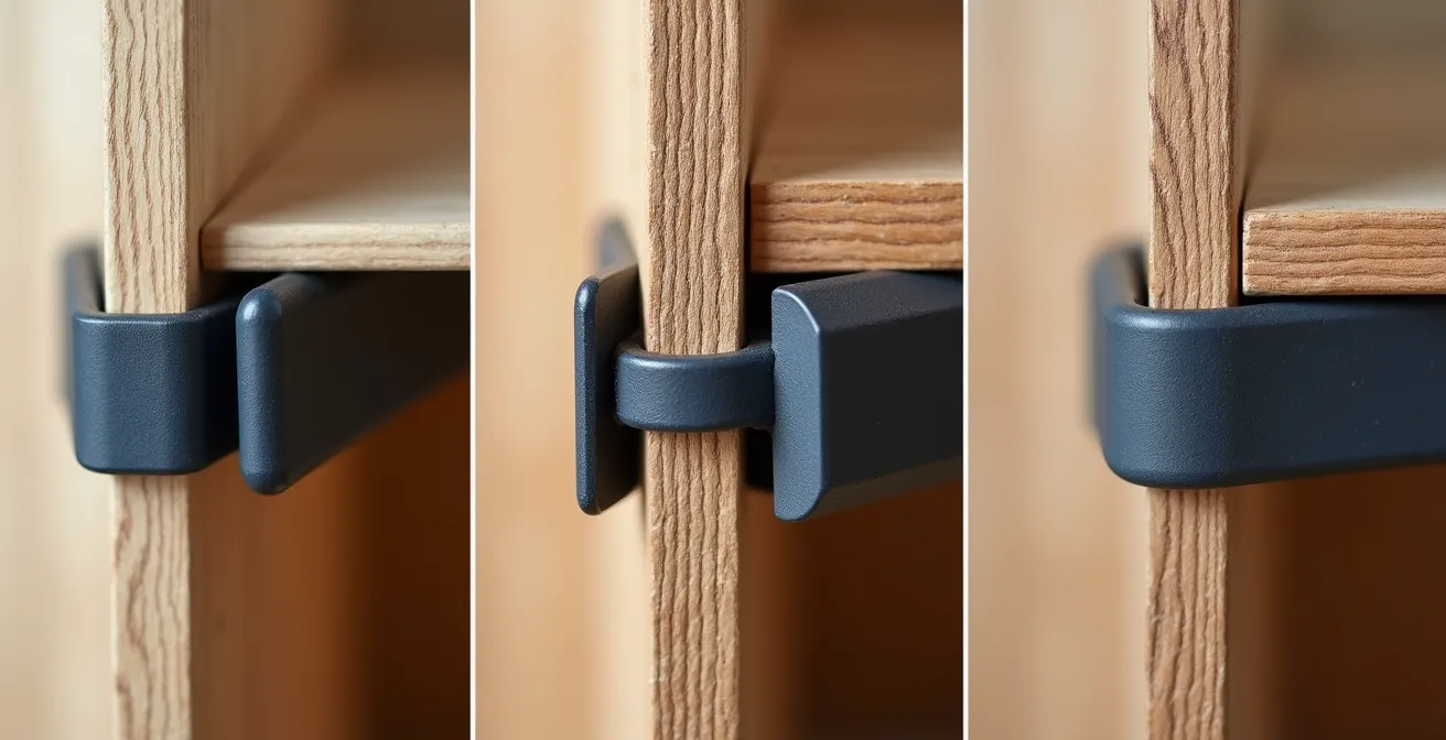 Extreme close-up of various modular furniture connectors and joints