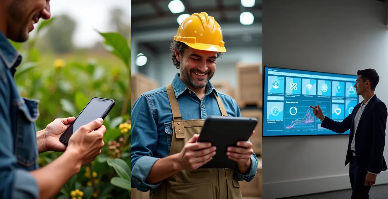 Split-screen showing farmer with smartphone, warehouse manager with tablet, and office with computer dashboard