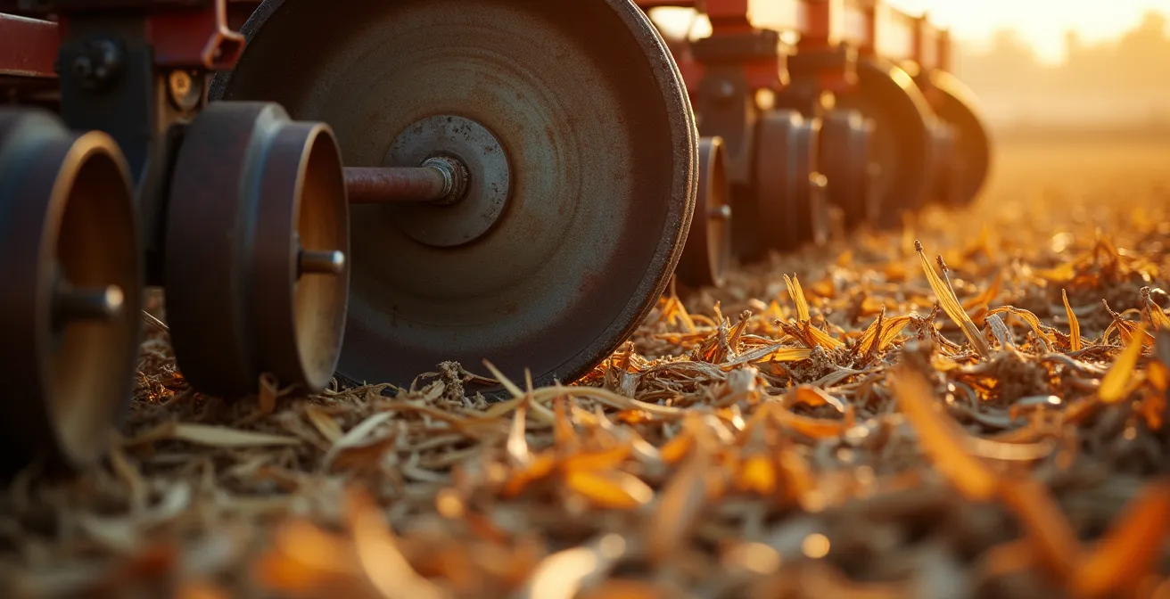 Close-up macro shot of no-till planter row units cutting through thick corn stalk residue