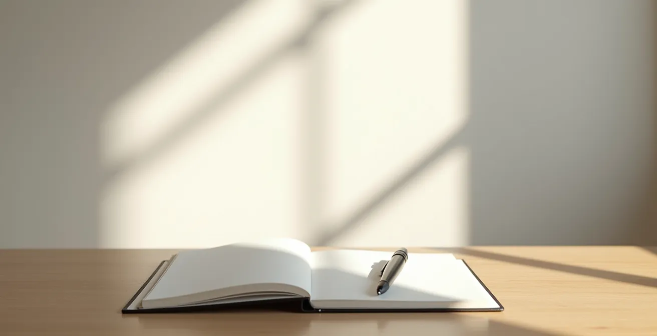 Minimalist desk setup with open notebook and pen, soft window light creating calm atmosphere