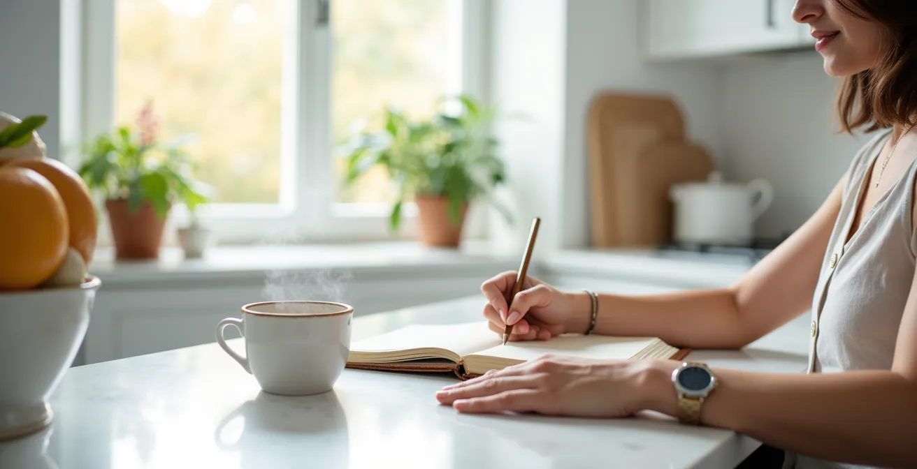 Woman journaling in a bright kitchen with natural morning light, showing self-reflection and peace