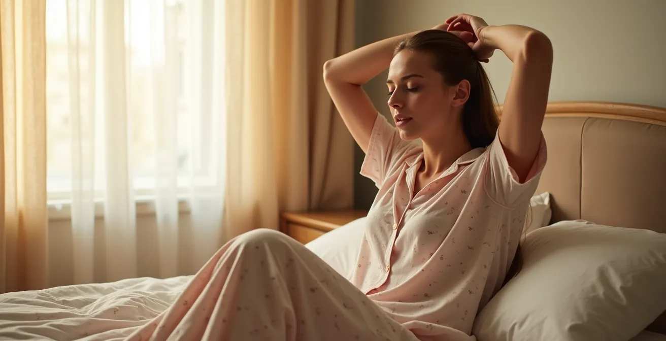 Individual performing gentle morning somatic exercises in natural dawn light