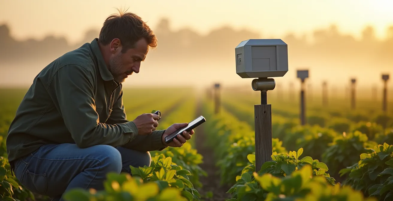 Wide shot of agricultural field with sensor network and a maintenance technician checking battery levels