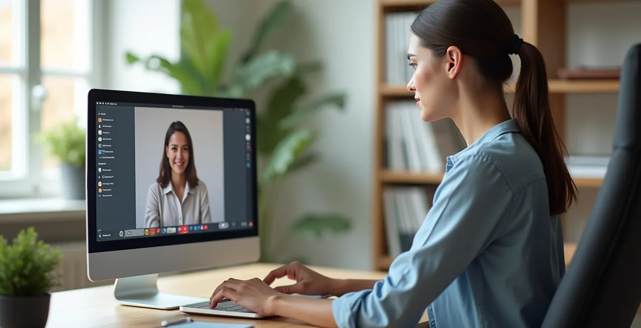 Office worker in video conference practicing subtle mindfulness technique