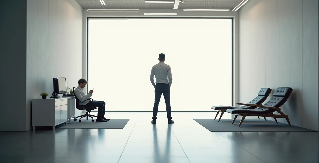 Professional at desk showing balance between pushing forward and strategic rest