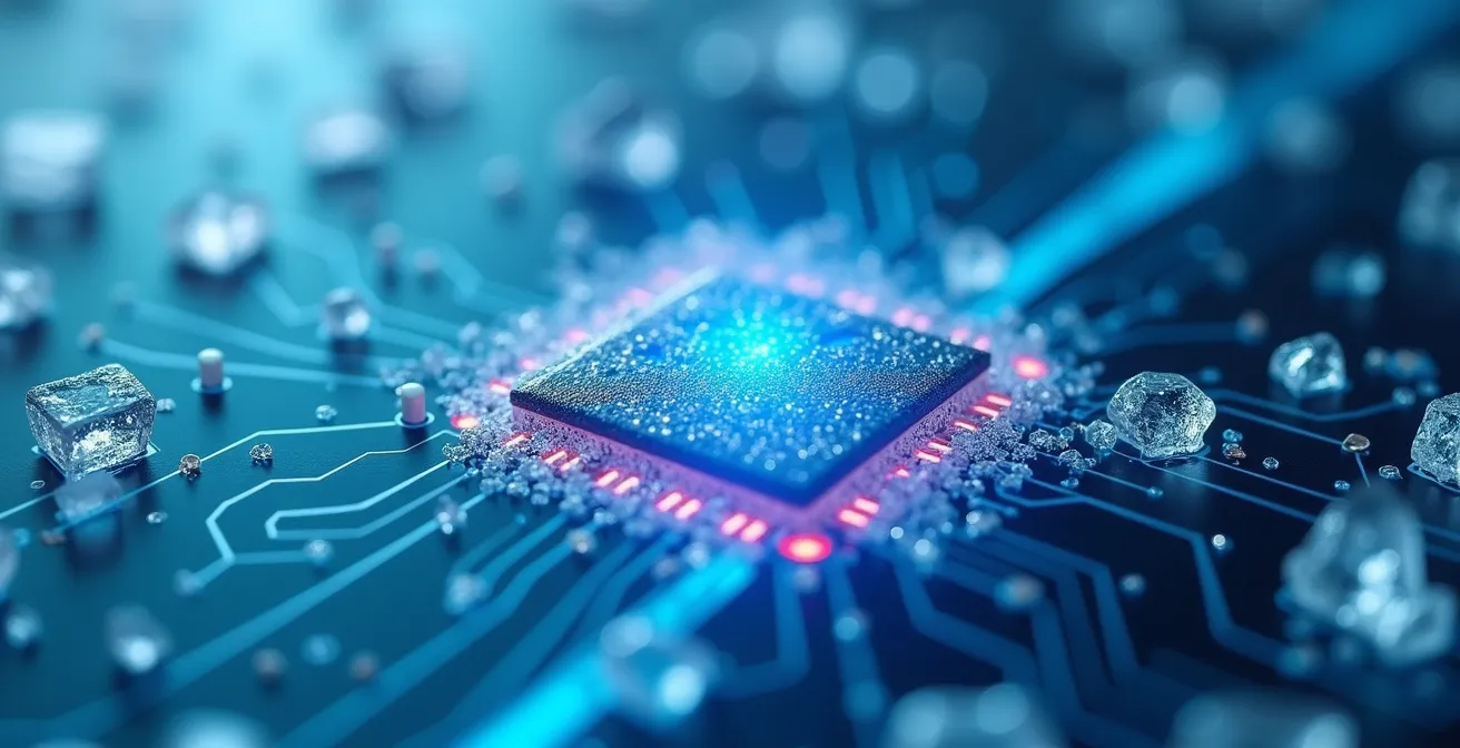 Macro shot of RFID sensor chip with cryptographic data streams visualized as light patterns