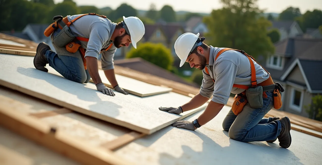Time-lapse sequence showing proper roof upgrade order from old shingles through insulation to solar panels
