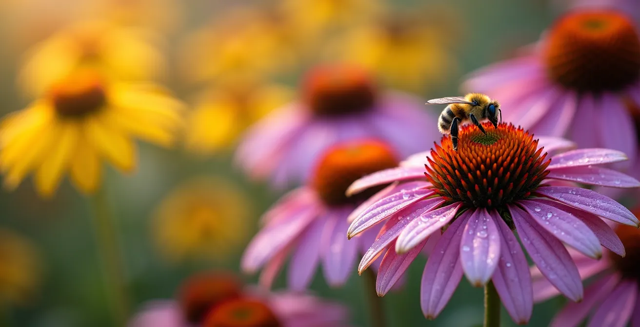 Macro close-up of native wildflowers showing succession of blooms from spring to fall
