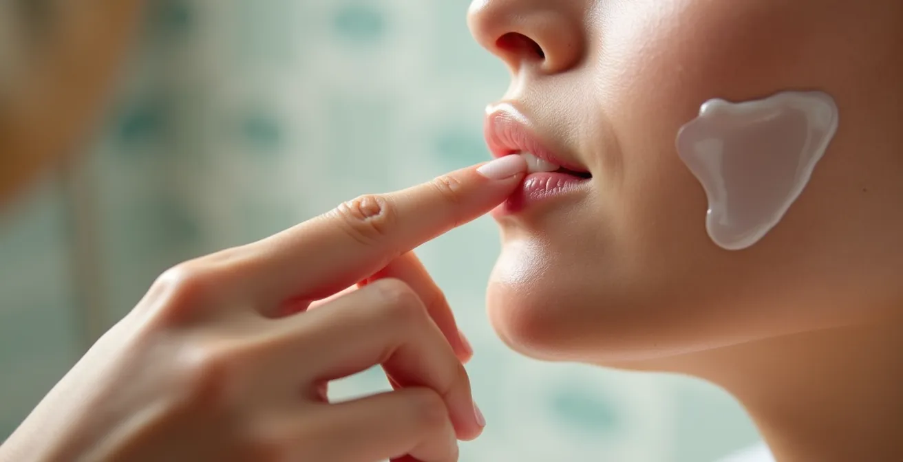 Side profile of a face showing a thin, protective layer of an occlusive product being gently patted onto the skin.