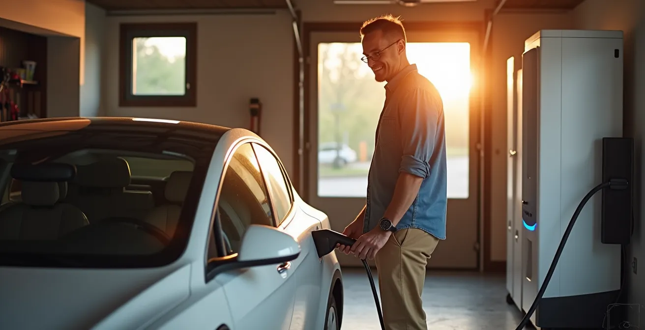 Modern home garage with electric vehicle charging station showing energy flow visualization