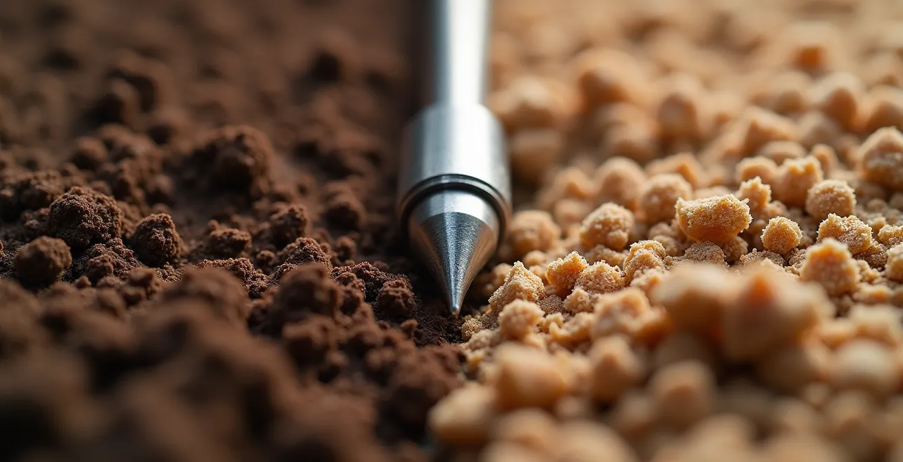 Macro shot of soil moisture probe tip showing calibration markings against different soil textures