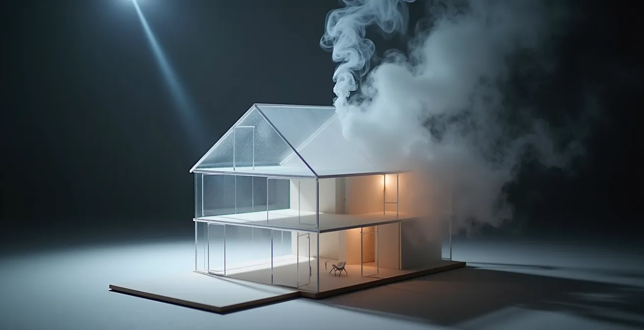 Cross-section diagram showing warm air rising through house creating stack effect chimney pattern
