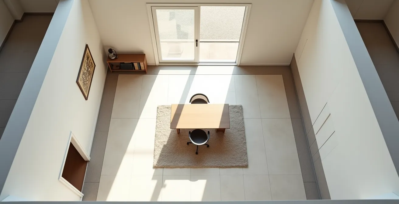 Home office showing different soundproofing zones with priority markers