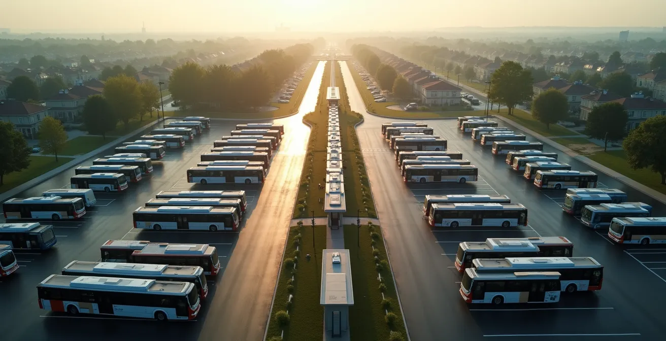Aerial view of suburban transit hub with multiple shuttle vehicles and park-and-ride facilities